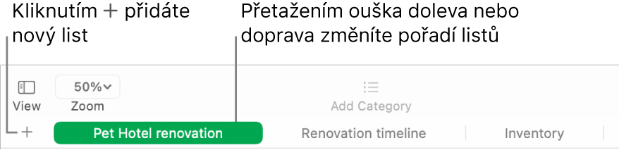 Okno Numbers s popisky popisujícími, jak přidat nové listy a změnit jejich uspořádání