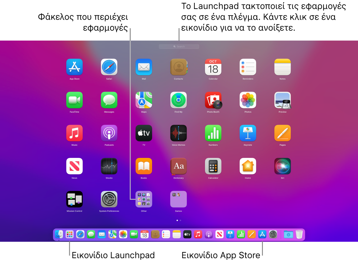 Οθόνη του Mac με ανοιχτό το Launchpad, όπου εμφανίζονται ένας φάκελος εφαρμογών στο Launchpad, καθώς και τα εικονίδια του Launchpad και του App Store στο Dock.