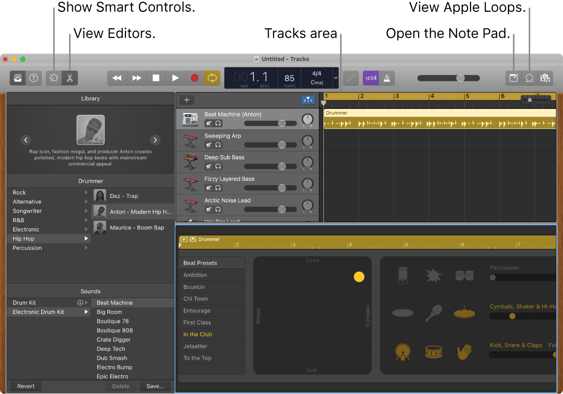 A GarageBand window showing the buttons for accessing Smart Controls, Editors, Notes, and Apple Loops. It also shows the tracks display.
