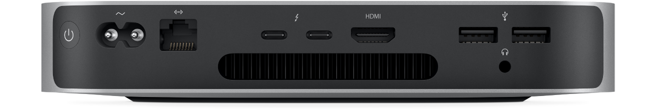 The back view of Mac mini and its various ports.
