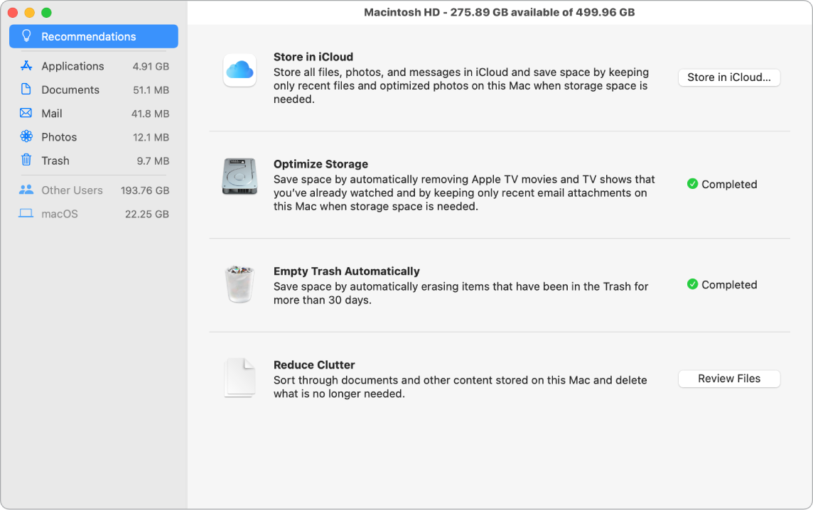 The Recommendations preferences for storage, showing the options Store in iCloud, Optimize Storage, Erase Trash Automatically, and Reduce Clutter.