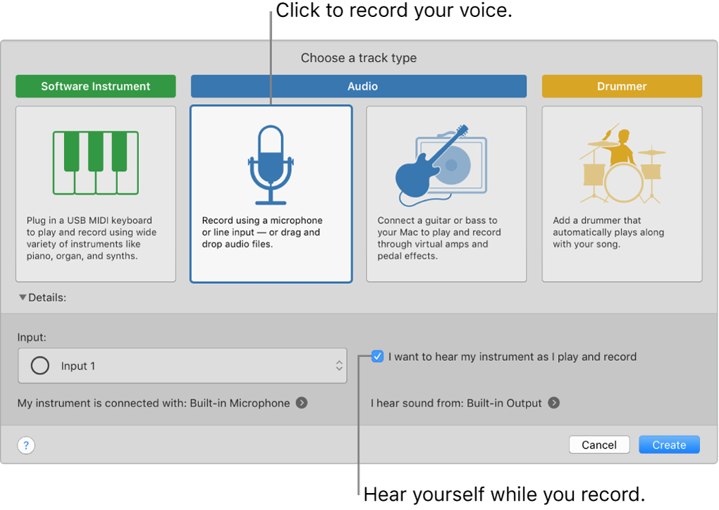 The GarageBand instrument panel showing where to click to record a voice and how to hear yourself when you record.