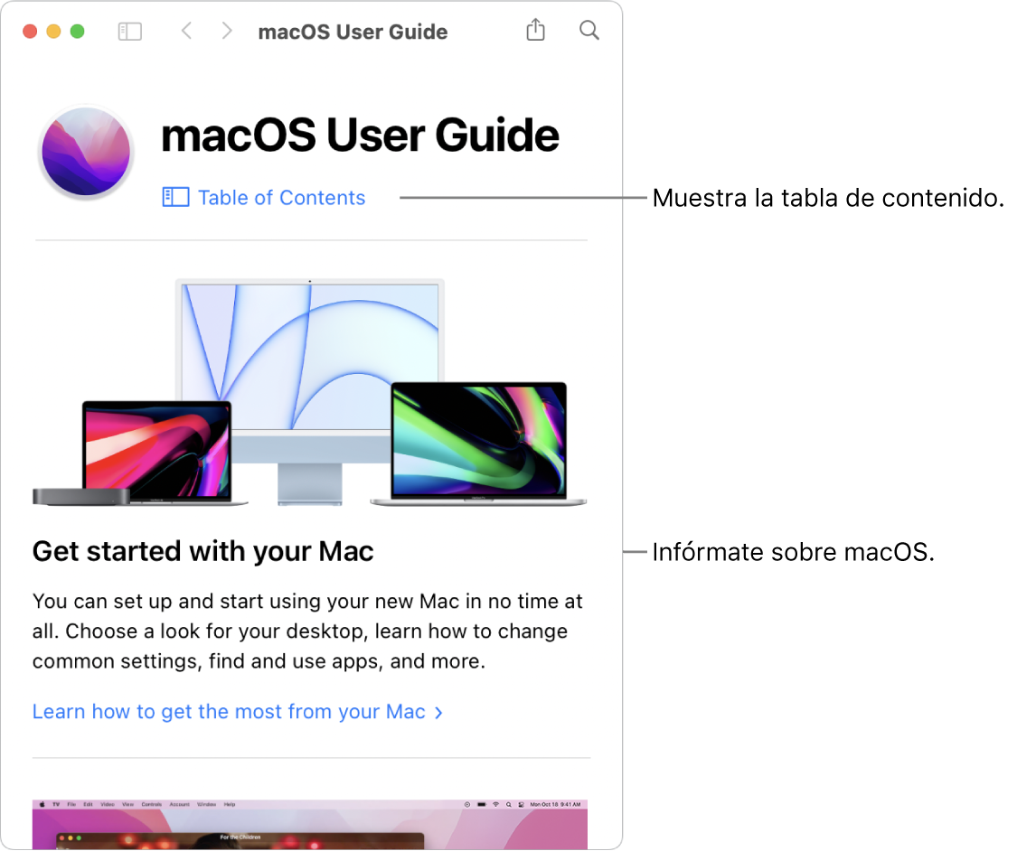 Página de bienvenida del Manual del usuario de macOS con el enlace de la tabla de contenido.