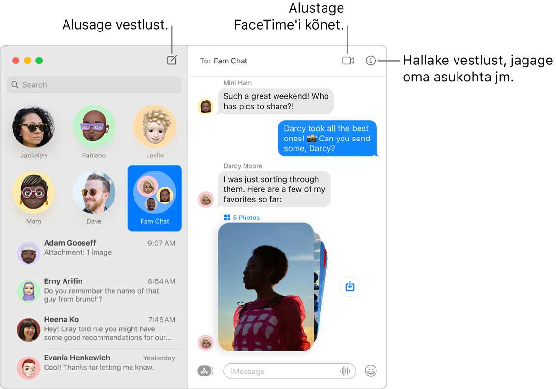 Rakenduse Messages aknas näidatakse kuidas alustada vestlust ning FaceTime'i kõne.