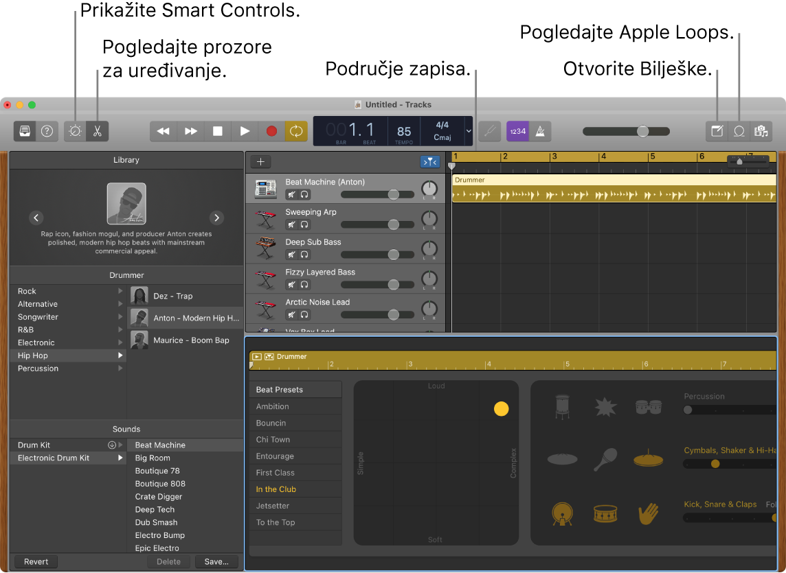 Prozor aplikacije GarageBand prikazuje tipke za pristup postavkama Smart Controls, Urednici, Bilješke i Apple Loops. Prikazuje i prikaz zapisa.