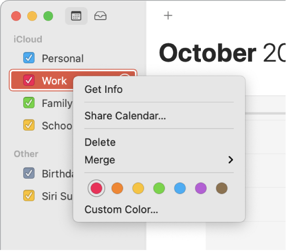 Izbornik s prečacima kalendara s opcijama za prilagodbu boje kalendara.
