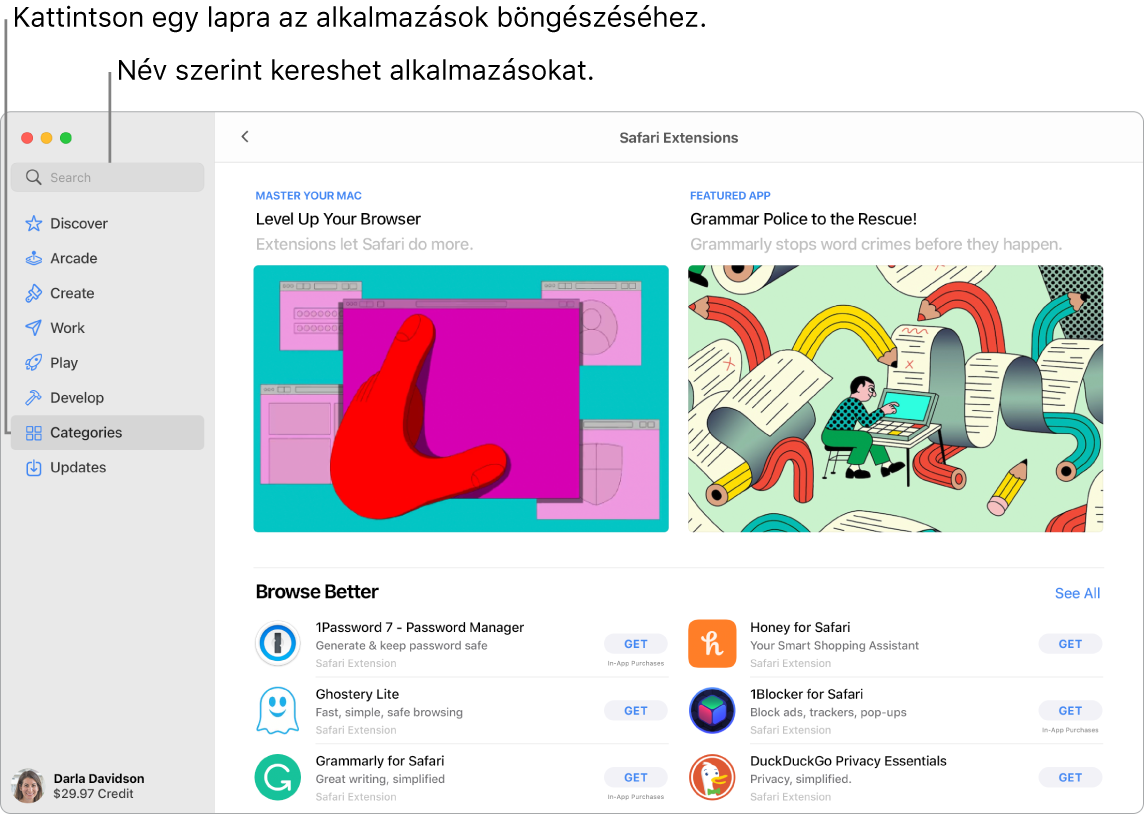 Az App Store ablaka a keresőmezővel és egy oldalnyi Safari-bővítménnyel.