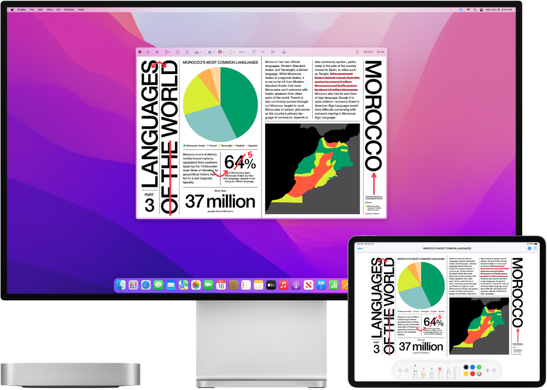 Mac mini dan iPad berdampingan. Kedua layar menampilkan artikel yang penuh dengan pengeditan berwarna merah yang ditulis tangan, seperti kalimat yang dicoret, panah, dan tambahan kata. iPad juga memiliki kontrol markah di bagian bawah layar.