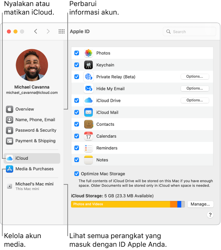 Panel ID Apple di Preferensi Sistem. Klik item di bar samping untuk memperbarui informasi akun Anda, menyalakan atau mematikan iCloud, mengelola akun media, dan melihat semua perangkat yang masuk dengan ID Apple Anda.