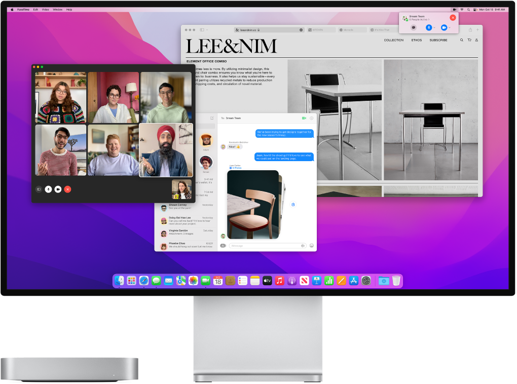 Mac mini tersambung ke layar, dengan desktop yang menampilkan Pusat Kontrol dan beberapa app yang terbuka.