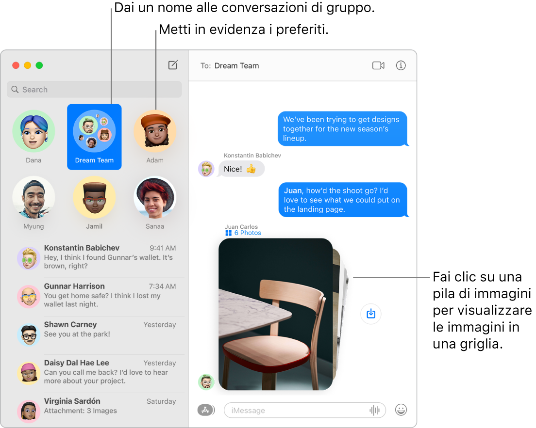 Una finestra di Messaggi con le chat di gruppo e individuali in evidenza in alto nella colonna di sinistra. Nella chat sulla destra si trova una pila di sei foto con un pulsante “Salva foto” accanto.