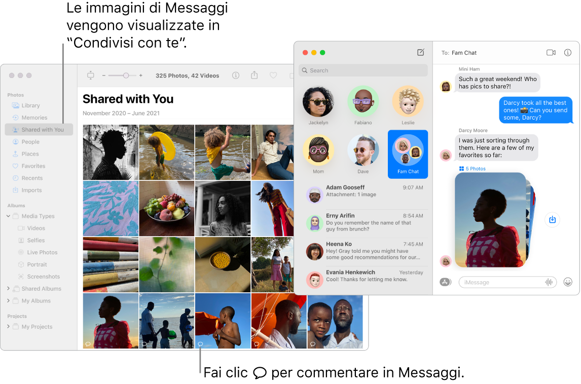 Una conversazione Messaggi a destra con una pila di foto e la sezione “Condivisi con te” di una finestra di Foto che mostra le foto condivise dall'app Messaggi.