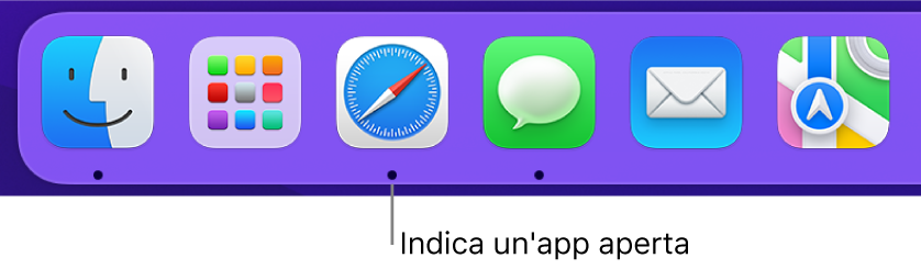 Una parte del Dock che mostra punti neri tra le app aperte.