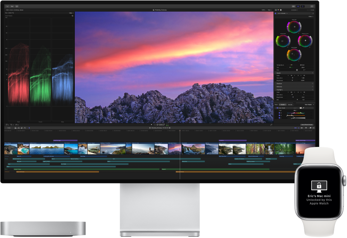 Apple Watch로 Mac이 잠금 해제되었다는 메시지가 표시된 Apple Watch 옆에 있는 Mac mini와 Mac mini 디스플레이.