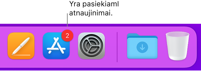 „Dock“ dalis, kurioje rodoma „App Store“ piktograma su ženkleliu, nurodančiu, kad galima atsisiųsti naujinių.