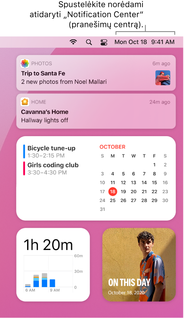 „Notification Center“ su „Photos“, „Home“, „Calendar“ ir „ScreenTime“ pranešimais ir valdikliais.