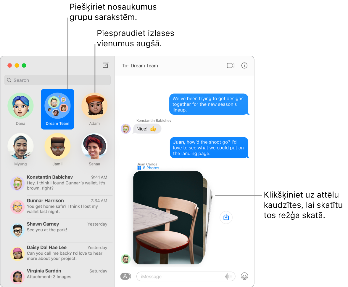 Lietotnes Messages logs ar kreisās kolonnas augšā piespraustām grupu un individuālām sarakstēm. Tērzēšanas logā labajā pusē ir sešu fotoattēlu kolekcija ar pogu Save Photo tiem blakus.