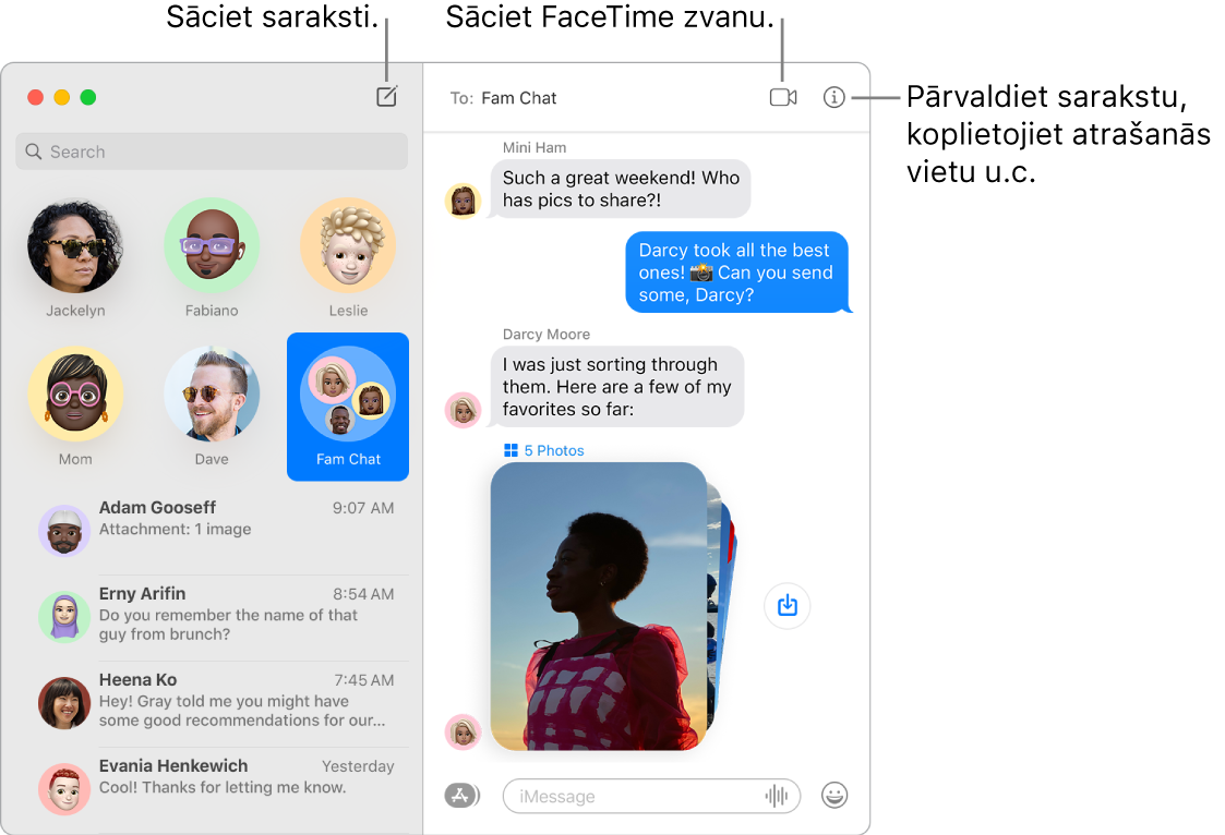 Lietotnes Messages logā parādīts, kā sākt saraksti un kā sākt FaceTime zvanu.