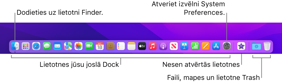 Josla Dock, kurā redzamas ikonas Finder un System Preferences, kā arī līnija, kas joslā atdala lietotnes no failiem un mapēm.