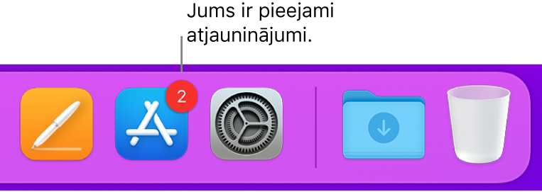 Joslas Dock sadaļa, kurā redzama lietotnes App Store ikona ar emblēmu, kas norāda uz pieejamiem atjauninājumiem.