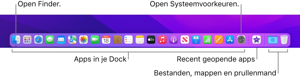 Het Dock, met daarin de Finder, Systeemvoorkeuren en de lijn in het Dock die apps van bestanden en mappen scheidt.