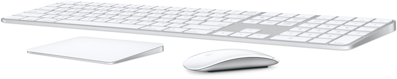 Een afbeelding van een draadloos toetsenbord en trackpad en een draadloze muis.