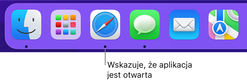 Fragment Docka z czarnymi kropkami pod ikonami otwartych aplikacji.