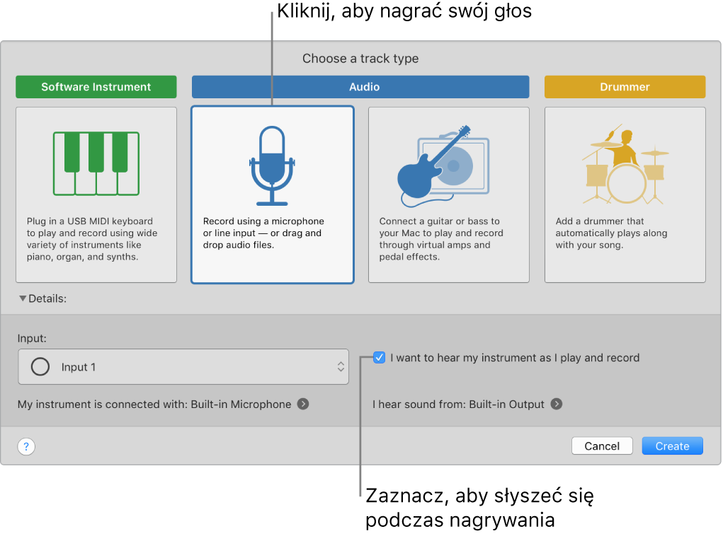 Panel instrumentów w aplikacji GarageBand z opisami opcji narywania głosu oraz opcji pozwalającej słyszeć siebie podczas nagrywania.