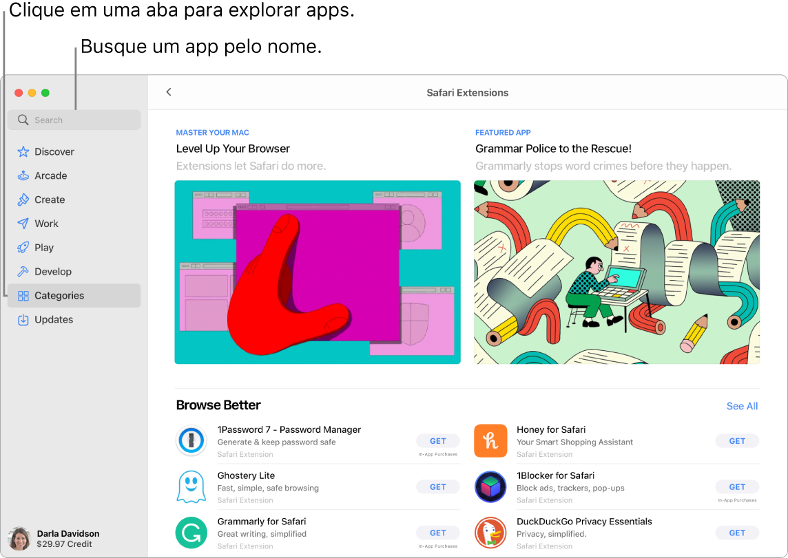 A janela da App Store mostrando o campo de busca e uma página de Extensões do Safari.