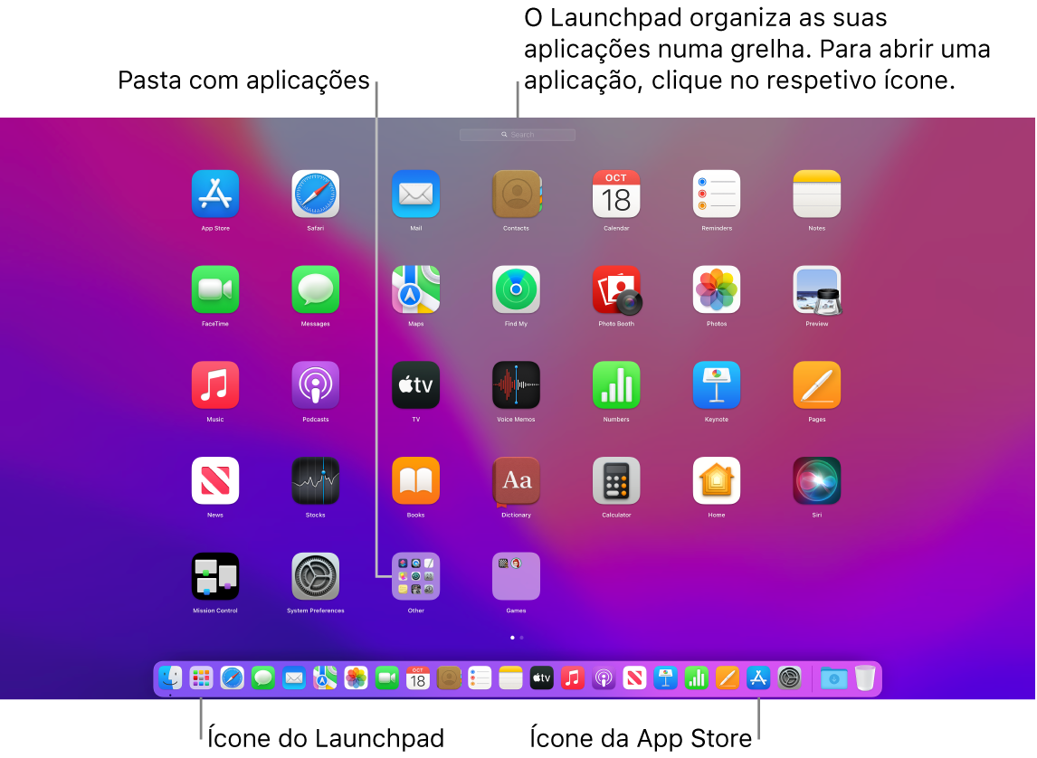 Um ecrã do Mac com o Launchpad aberto, a mostrar uma pasta de aplicações no Launchpad e os ícones do Launchpad e da App Store na Dock.