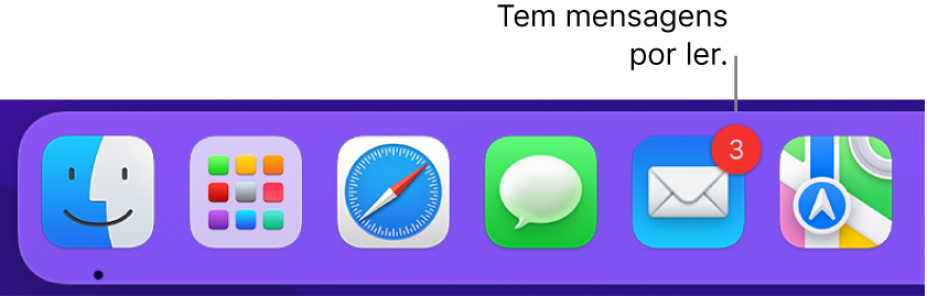 Uma secção da Dock a mostrar o ícone da aplicação Mail com um emblema, a indicar o número de mensagens não lidas.