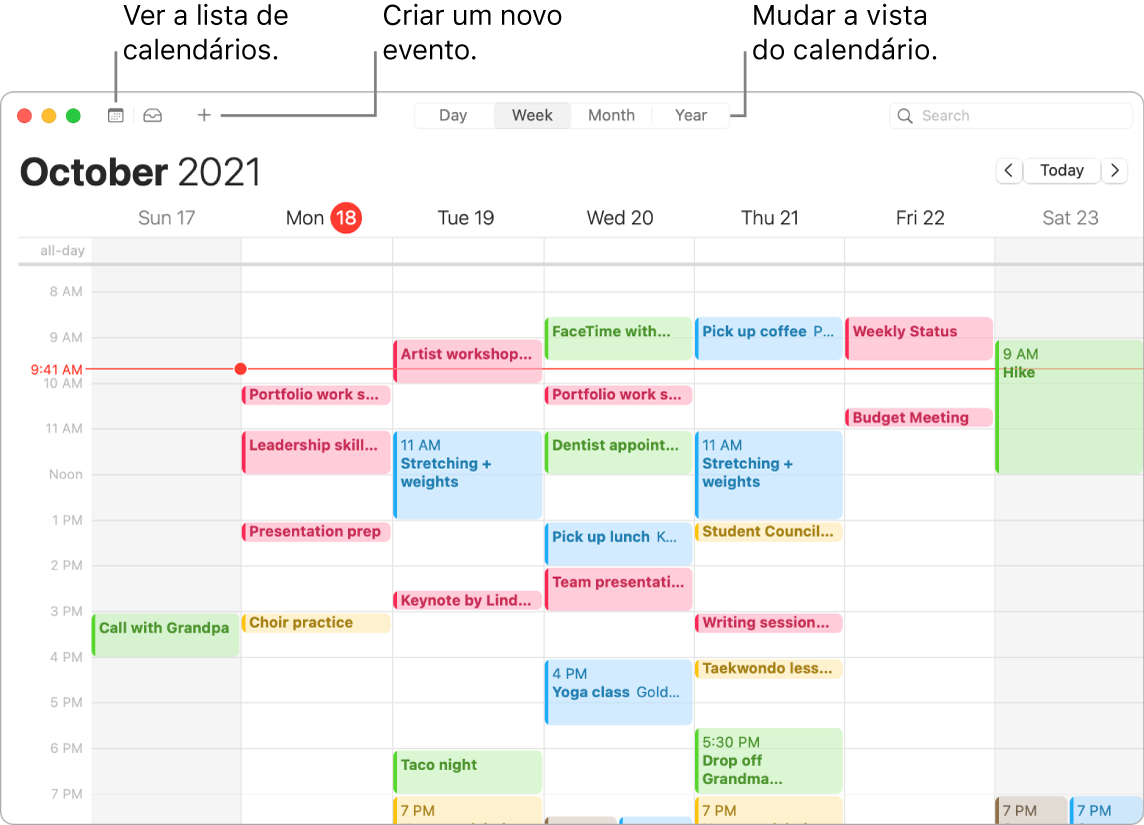 Uma janela do Calendário a mostrar como criar um evento, ver a lista de calendários, e escolher a vista diária, semanal, mensal ou anual.