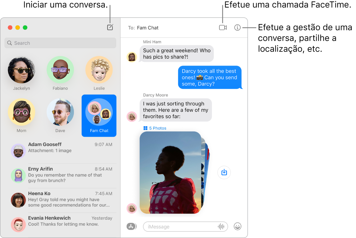 Uma janela de Mensagens a mostrar como iniciar uma conversa e como iniciar uma chamada FaceTime.
