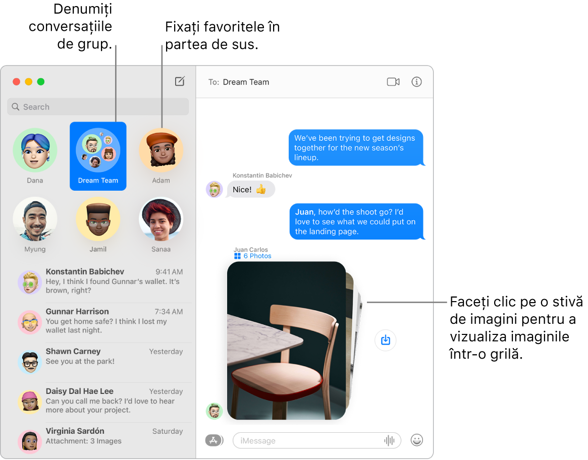 O fereastră Mesaje cu un chat de grup și chaturi individuale fixate în partea de sus a coloanei din stânga. În chatul din dreapta se află o stivă cu șase poze cu un buton Salvați poza în dreptul său.