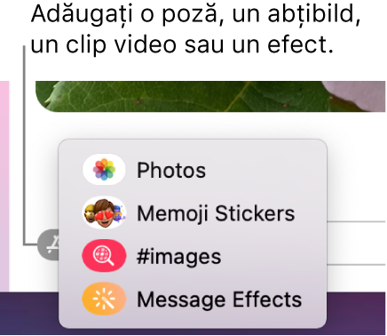 Meniul Aplicații cu opțiuni pentru afișarea pozelor, abțibilduri Memoji, GIF‑uri și efecte pentru mesaje.