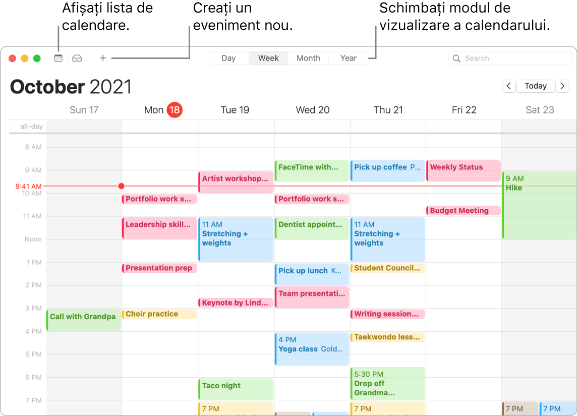 O fereastră Calendar care afișează cum să creați un eveniment, să afișați lista calendarelor și să alegeți vizualizarea Zi, Săptămână, Lună sau An.