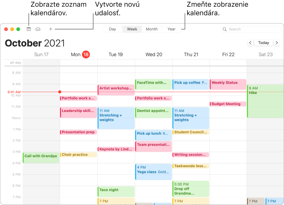 Okno aplikácie Kalendár zobrazujúce, ako vytvoriť udalosť, zobraziť zoznam kalendára a vybrať zobrazenie Deň, Týždeň, Mesiac a Rok.