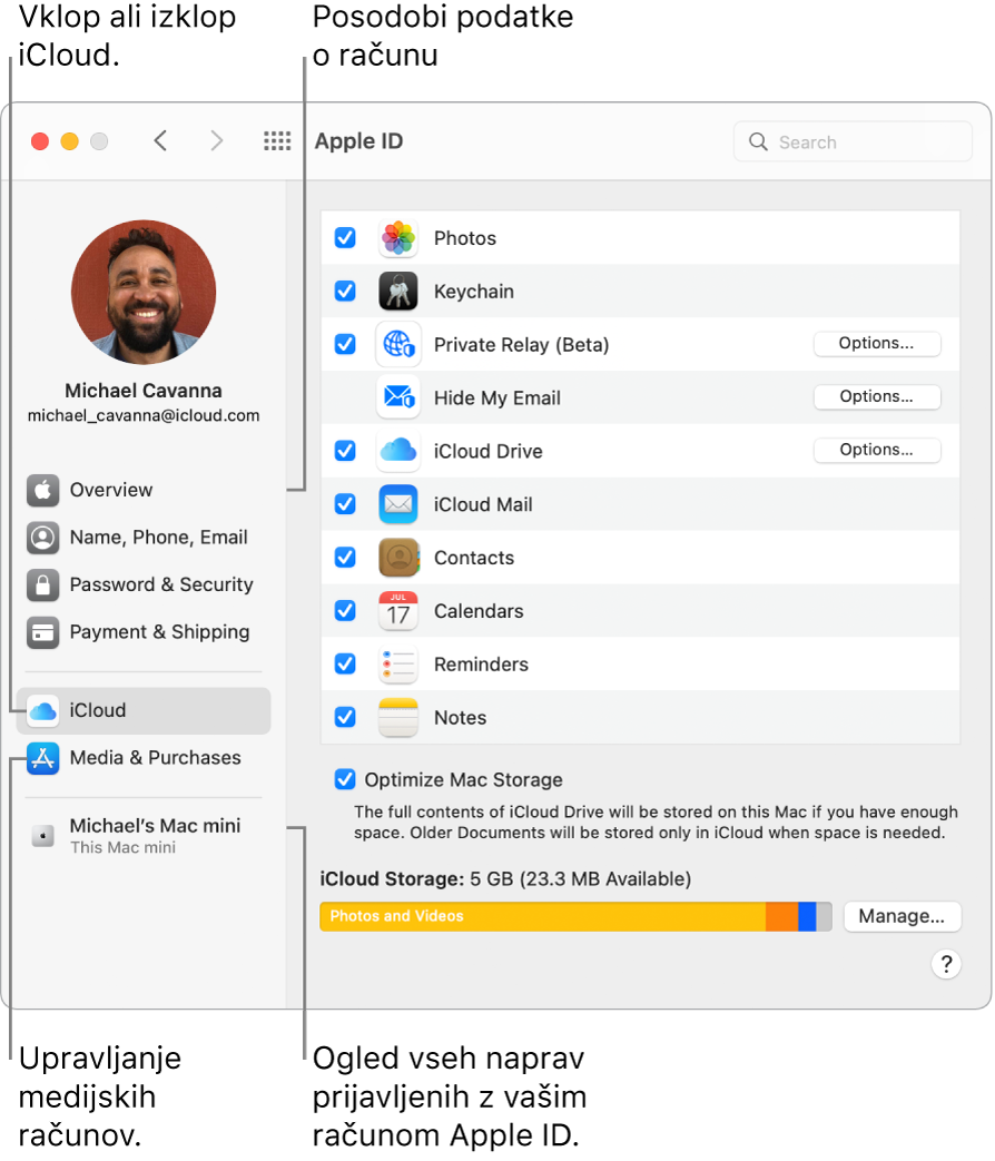 Podokno Apple ID v možnosti System Preferences. Kliknite element v stranski vrstici, da posodobite podatke o računu, vklopite ali izklopite storitev iCloud, upravljate račune za predstavnostno vsebino in si oglejte vse naprave, v katere ste prijavljeni z računom Apple ID.