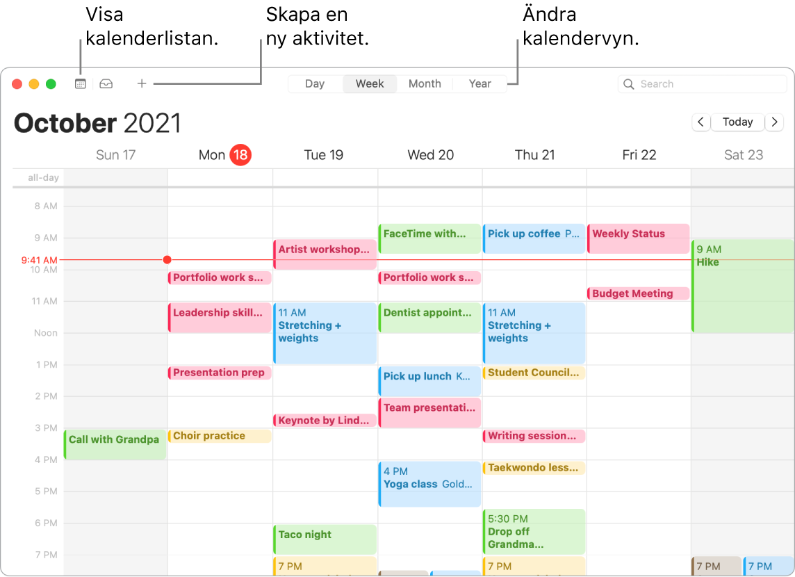 Ett Kalender-fönster som illustrerar hur du skapar en aktivitet, visar kalenderlistan och väljer dag-, vecko-, månads- eller årsvyn.