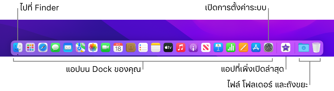 Dock ที่แสดง Finder, การตั้งค่าระบบ และเส้นใน Dock ที่แบ่งแอปออกจากไฟล์และโฟลเดอร์