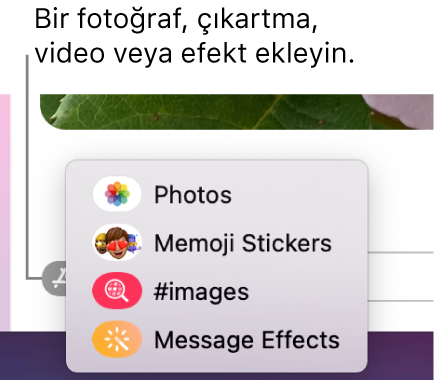 Fotoğrafları, Memoji çıkartmalarını, GIF’leri ve mesaj efektlerini gösterme seçenekleri ile Uygulamalar menüsü.