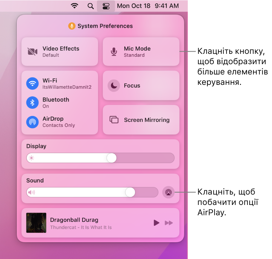 Збільшений вигляд Центру керування на Mac.