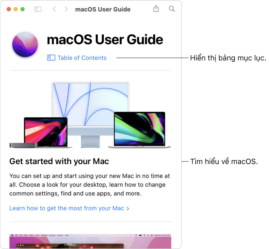 Trang chào mừng Hướng dẫn sử dụng macOS đang hiển thị liên kết Bảng mục lục.