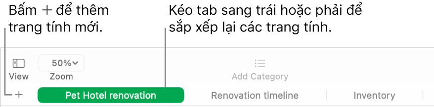 Cửa sổ Numbers đang minh họa cách thêm một trang tính mới và cách sắp xếp lại các trang tính.