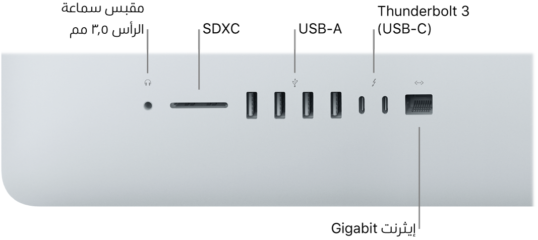 كمبيوتر iMac يظهر فيه مقبس سماعة الرأس ٣,٥ بوصة وفتحة SDXC ومنفذا USB A ومنفذا Thunderbolt 3 ‏(USB-C) ومنفذ غييغابت إيثرنت.