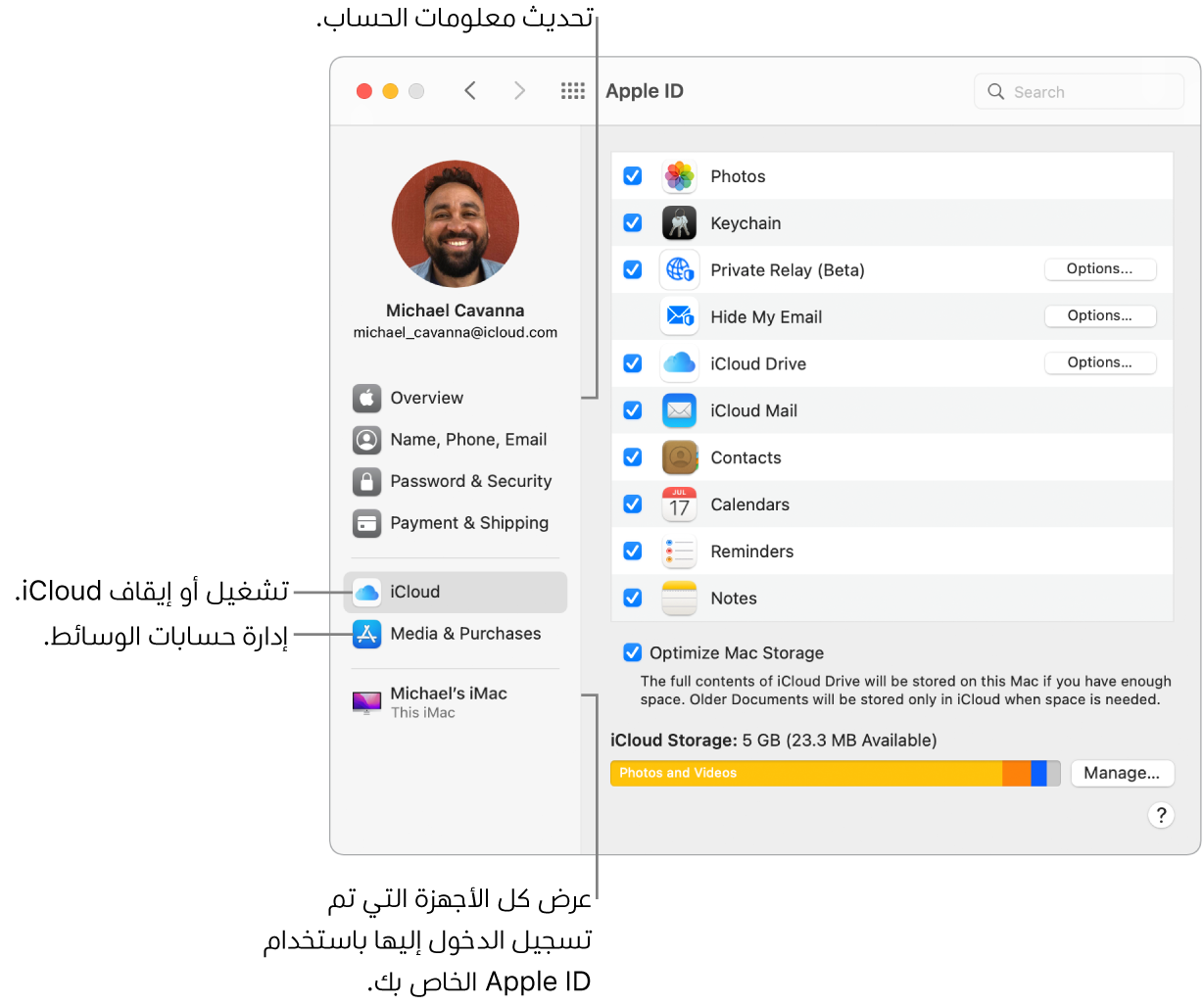 جزء Apple ID في تفضيلات النظام. انقر على عنصر في الشريط الجانبي لتحديث معلومات حسابك وتشغيل iCloud أو إيقافه وإدارة حسابات الوسائط وعرض جميع الأجهزة التي سجلت الدخول عليها باستخدام Apple ID.