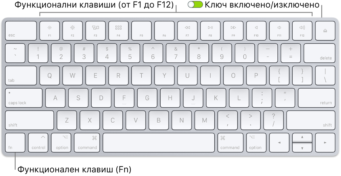 Клавиатура Magic Keyboard, показваща функционалния клавиш (Fn) в долния ляв ъгъл, и преключвателя за включване/изключване в горния десен ъгъл на клавиатурата.