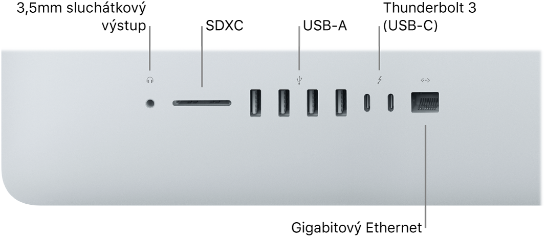 iMac s 3,5mm sluchátkovou zdířkou, slotem pro SDXC karty, porty USB‑A, porty Thunderbolt 3 (USB‑C) a gigabitovým ethernetovým portem