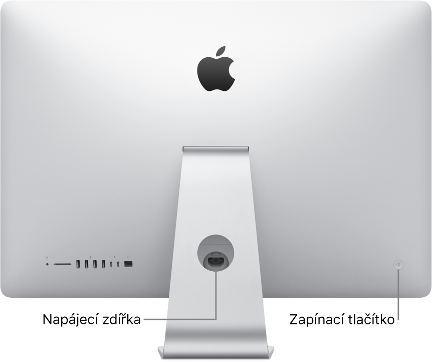 Pohled na zadní stranu iMacu s napájecím kabelem a zapínacím tlačítkem.