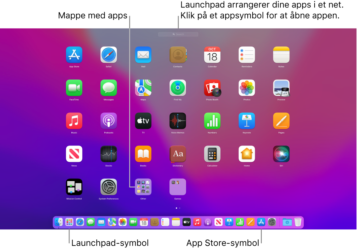 En skærm på Mac med Launchpad åben, en mappe med apps i Launchpad, symbolet for Launchpad og symbolet for App Store i Dock.